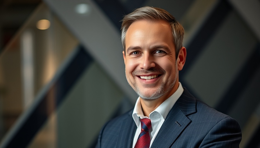 Portrait of a smiling man in a suit against a geometric background, Homes.com.