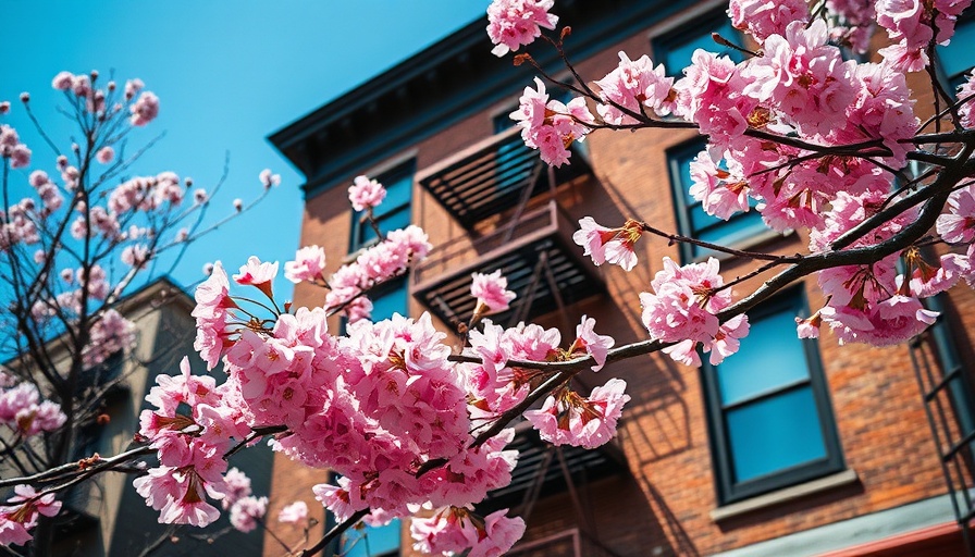 Cherry blossoms and NYC fire escapes in spring with blue sky