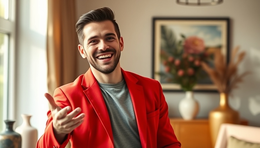 Cheerful man in red blazer celebrating real estate success.