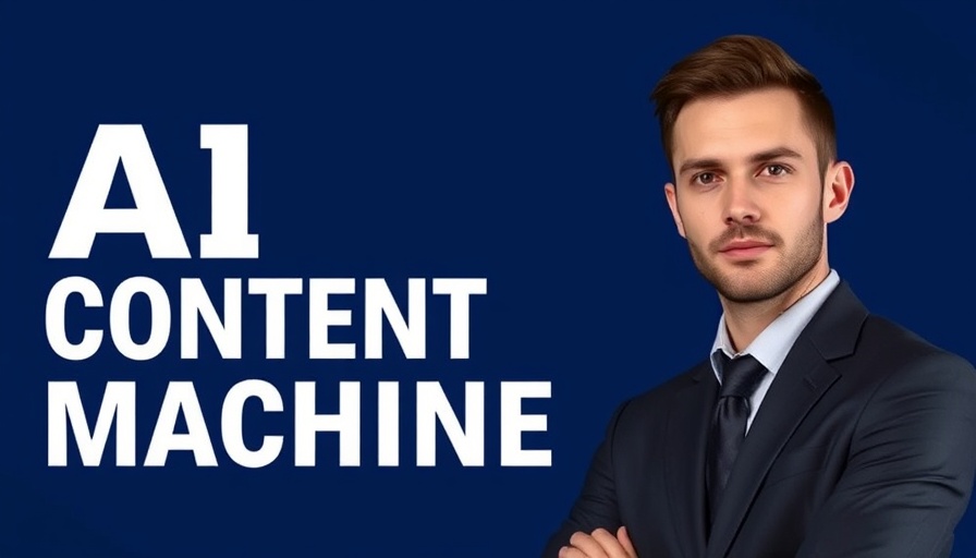 AI content machine promo with confident man in dark blue themed banner.