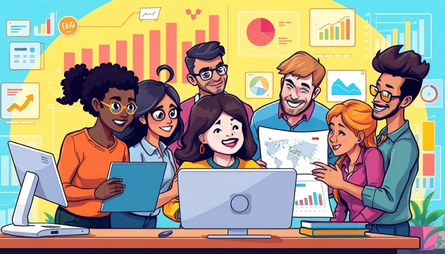 Illustration of teamwork creating infographics using technology.