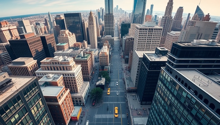 Manhattan cityscape highlighting median rent spike with skyscrapers.