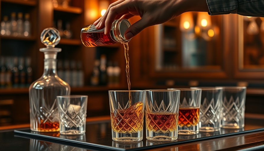 Stylish home dry bar with crystal decanters, warm lighting.