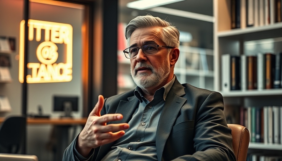 Understanding Your System: Man gesturing in modern office with neon sign.