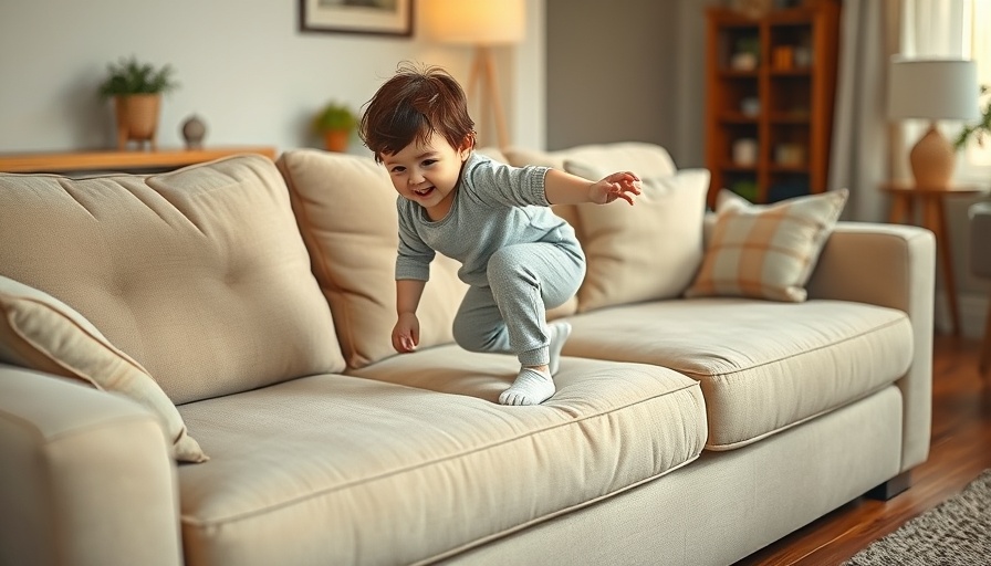 Adventurous baby climbing a sofa, highlighting baby proofing apartments.