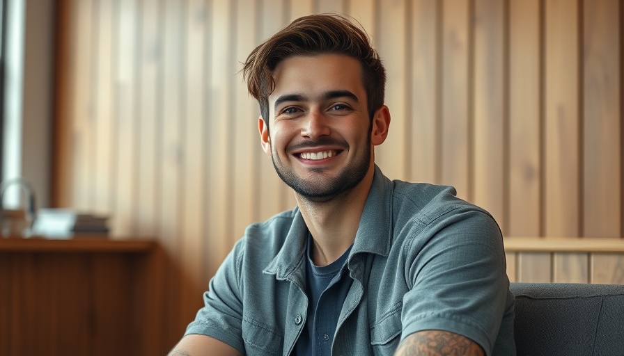 Casual young man smiling in a minimalist indoor setting.