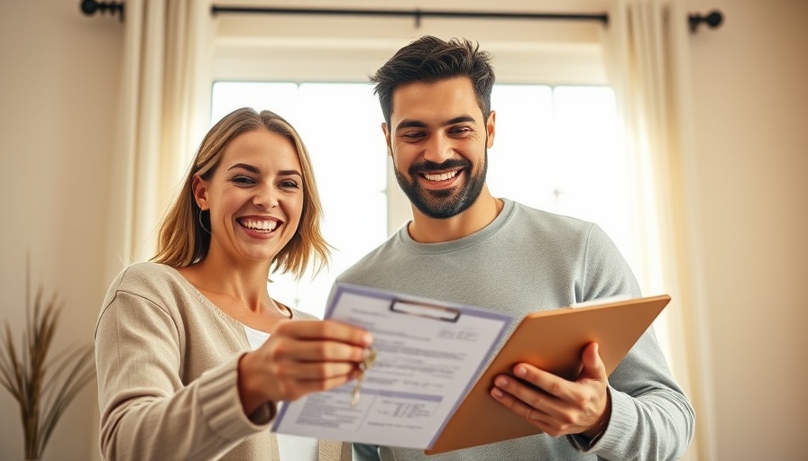 Real estate agent handing keys to smiling couple in home.