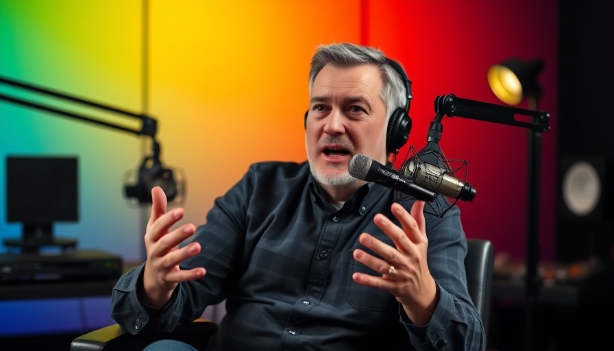 Man speaking with emphasis in podcast studio, vibrant background.