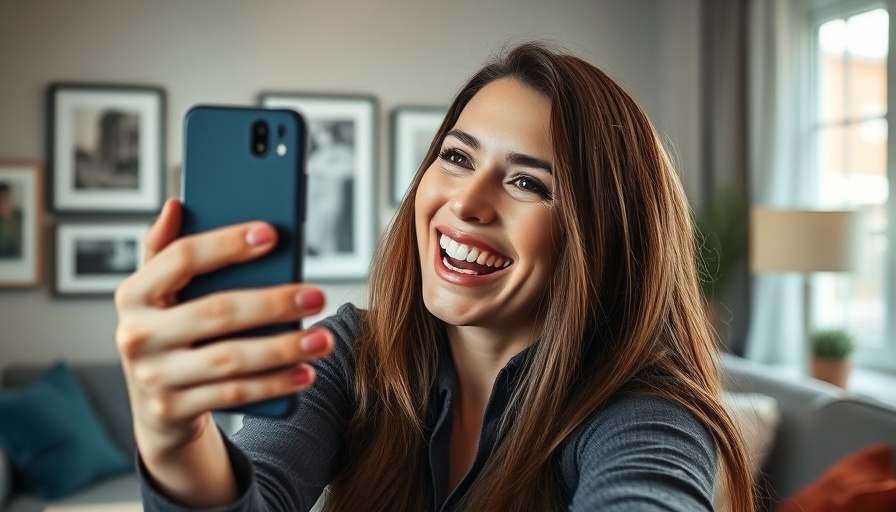 Feel awkward on camera? Woman smiling and laughing in cozy living room