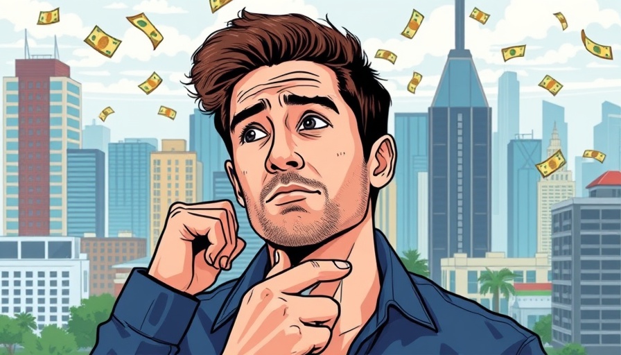 Contemplative person with real estate imagery and currency motif.