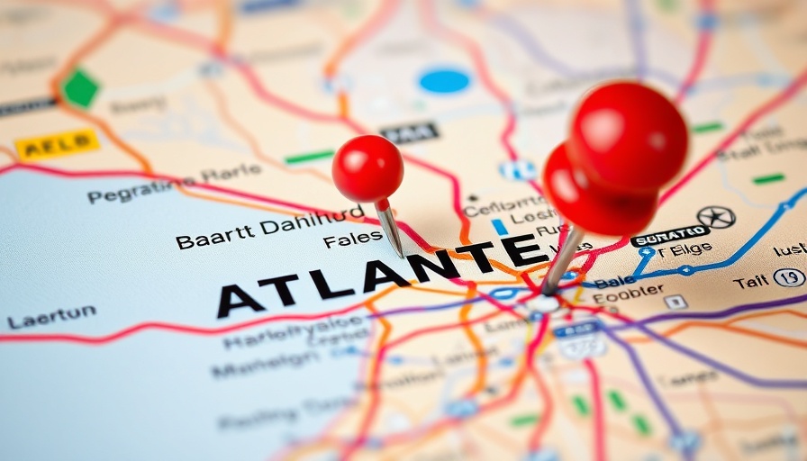 Map of Atlanta with red pushpin indicating a location, woman-owned real estate brokerage Atlanta.