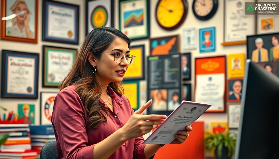 Professional woman discussing Email Marketing Superpower in colorful office.
