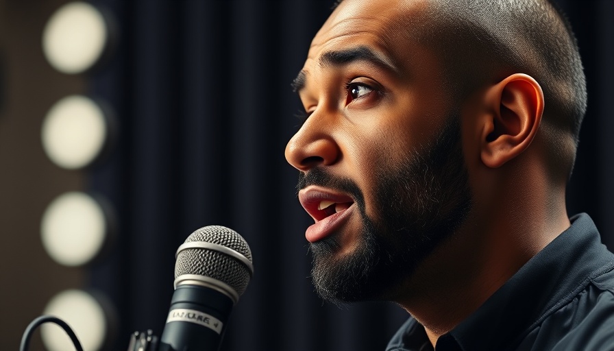 Close-up of a man speaking into a microphone with text overlay.