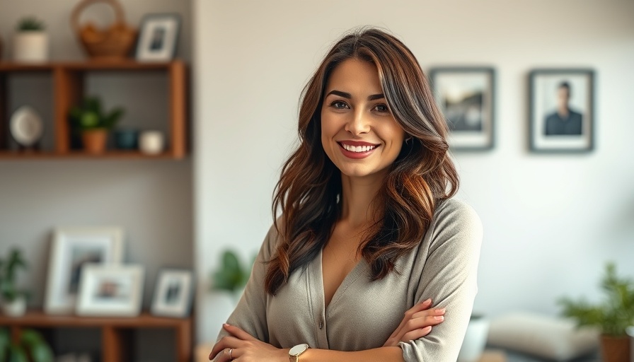 Confident brunette woman smiling in home setting, perfect for real estate agents local content.