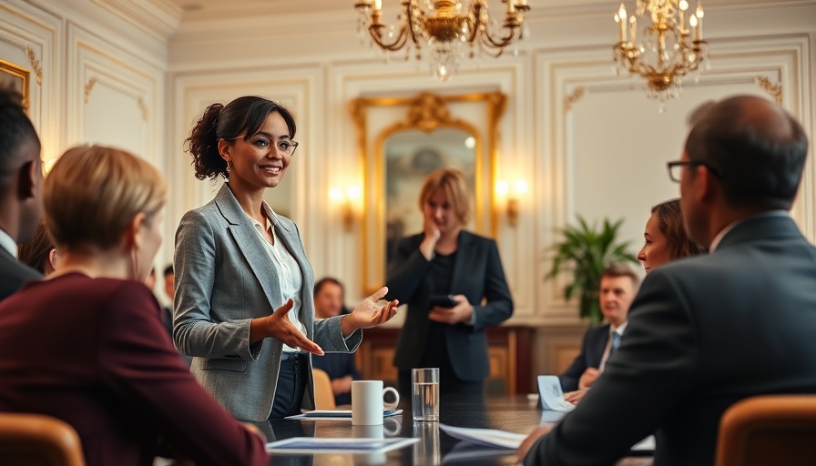 Networking in real estate event with woman presenting in elegant setting.