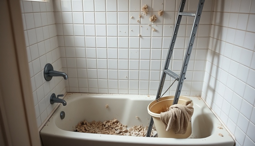 Damaged bathroom with collapsed asbestos ceiling debris.