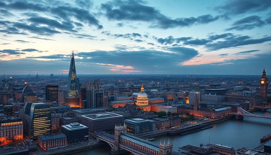 Aerial view of modern London developments during sunset over the River Thames.