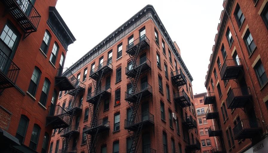NYC fire escape on brick building under cloudy sky.