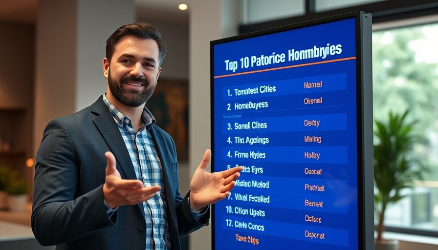 List of top affordable cities with a man gesturing beside it.