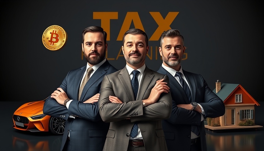 Businessmen in front of financial symbols promoting tax strategies for couples.
