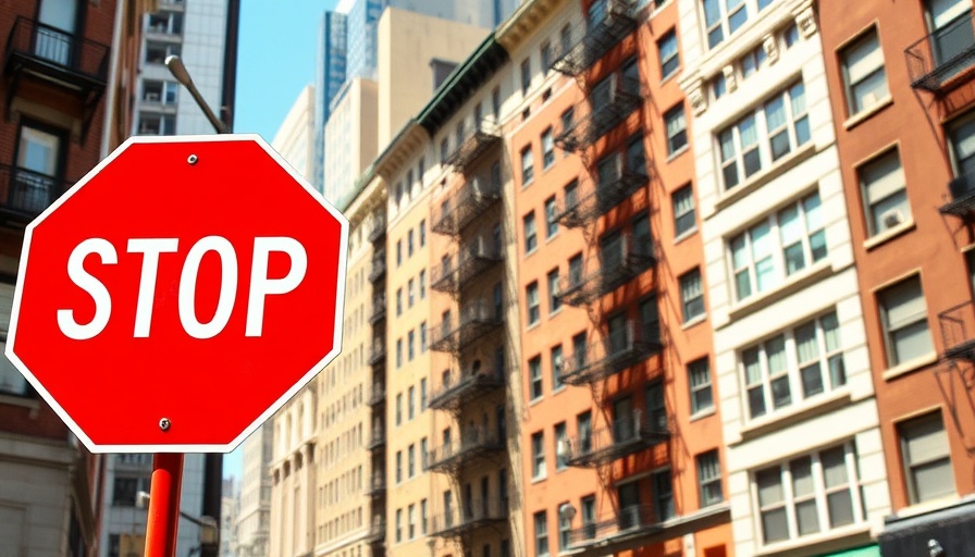 Stop sign in front of NYC apartment buildings, highlighting rental scams.