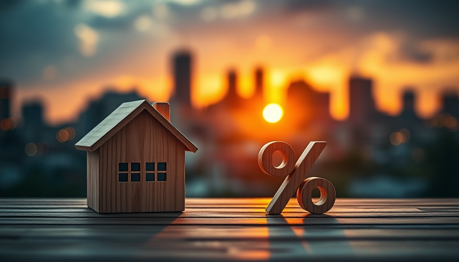 Mortgage Rates Decline depicted by wooden house and percentage symbol on table.