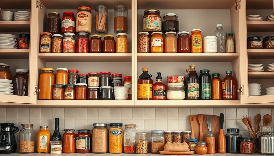 Neatly organized kitchen cabinets filled with jars and food.