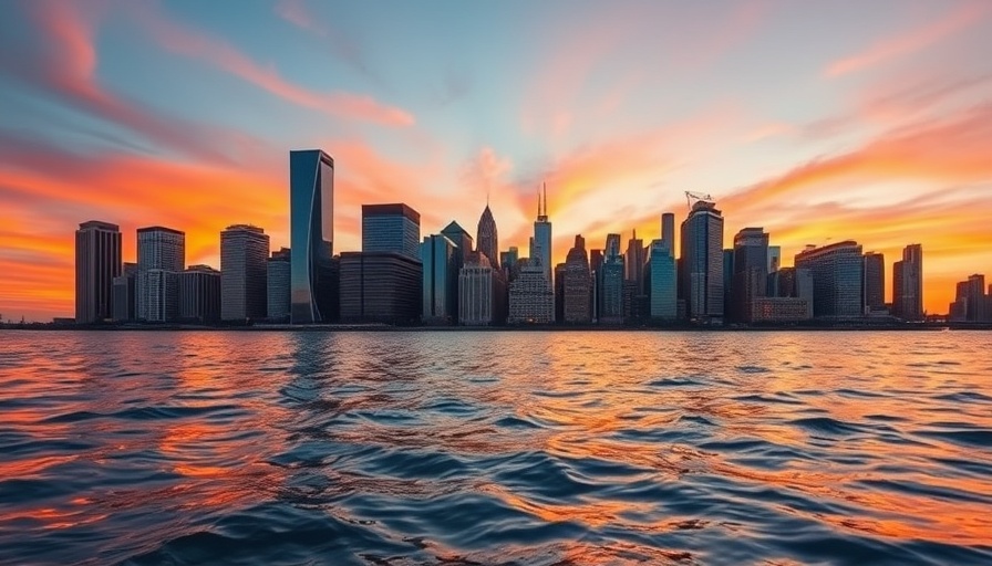 Jersey City skyline at sunset with colorful reflections.