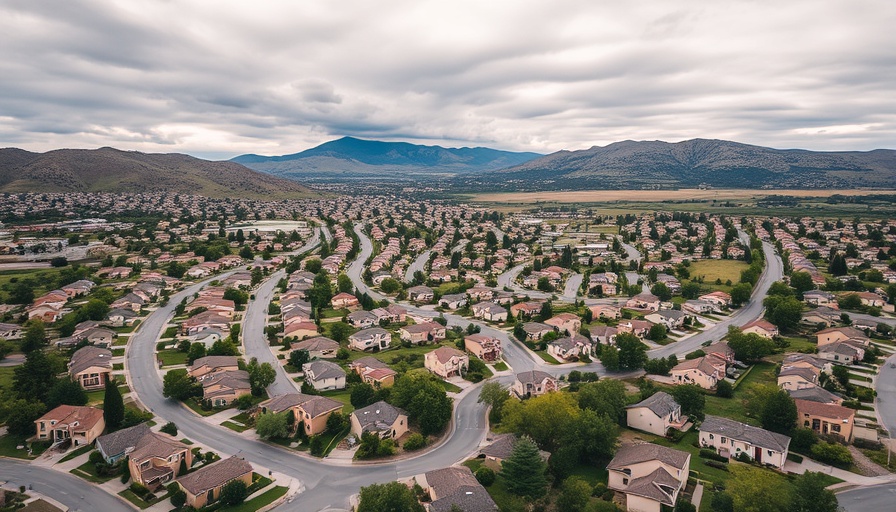 Suburban neighborhood aerial view in California landscape.