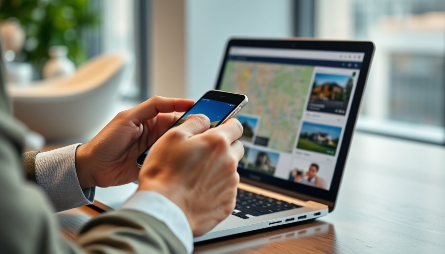 Person browsing real estate listings on smartphone in modern office.