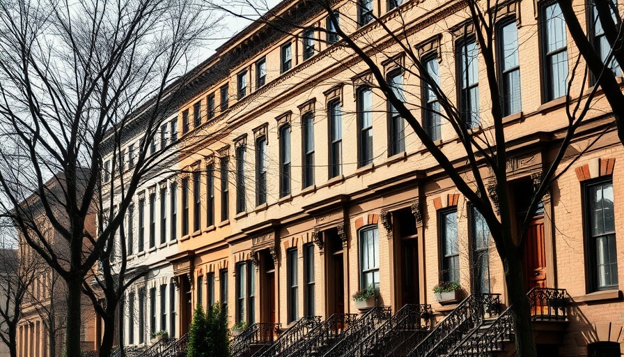 Historic brownstone buildings, daylight street view.