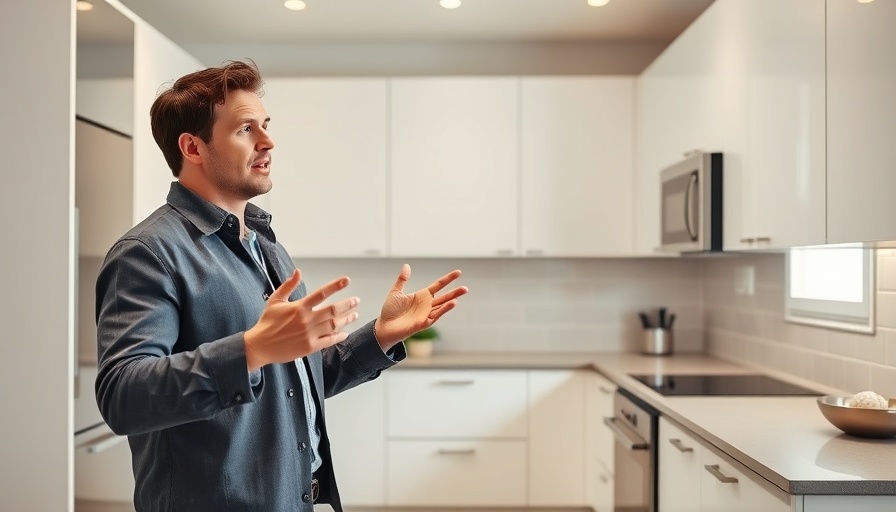 Man inspecting duplex property kitchen, gesturing while discussing features.