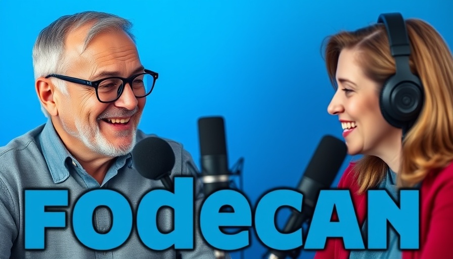 Engaging podcast scene with smiling hosts discussing topics.