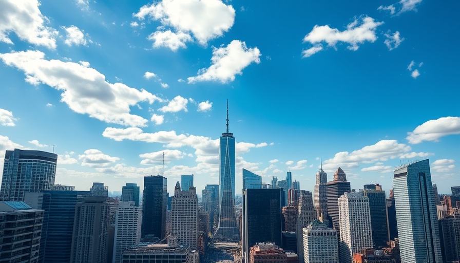 Manhattan skyline showcasing buildings under a blue sky.