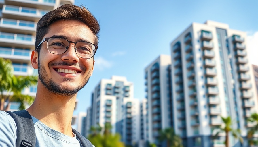 Smiling individual promoting buy rental property in 2025 with modern buildings in the background.