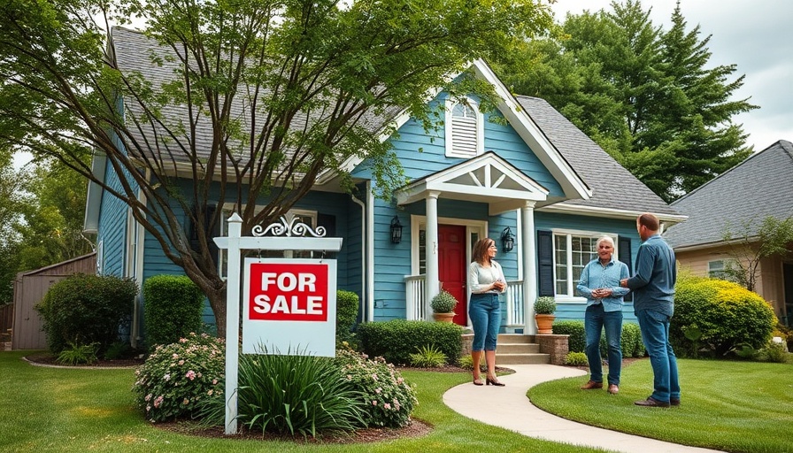 Suburban house with 'For Sale' sign, potential buyers in the yard.