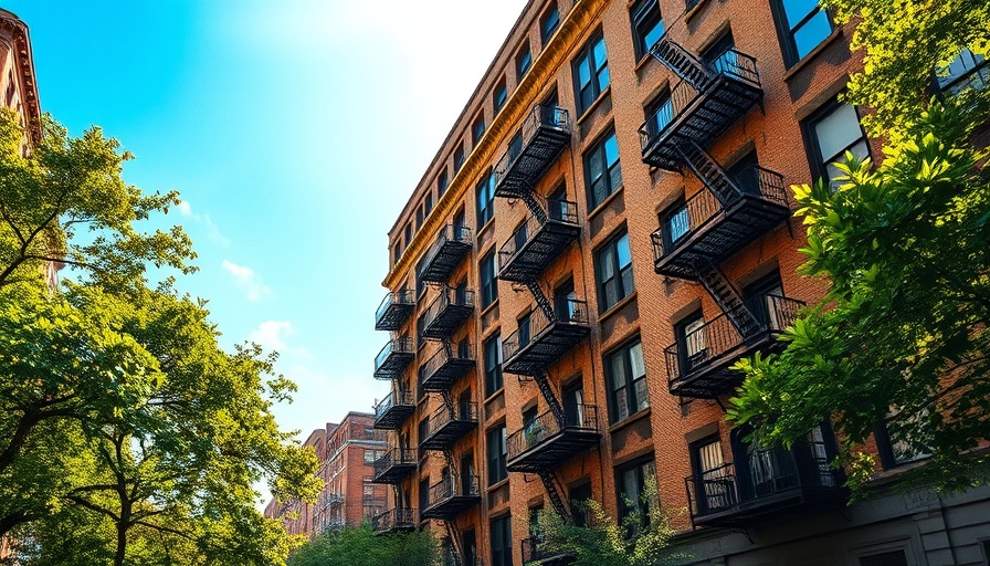 NYC apartment building with fire escapes and trees. Breaking a lease in NYC.