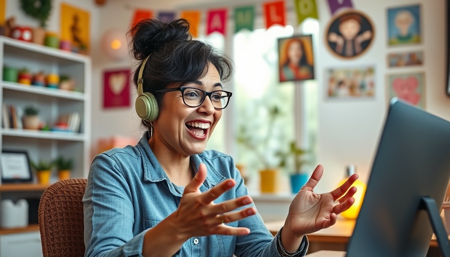 Enthusiastic woman's vibrant video call in a cozy home office with colorful decor.