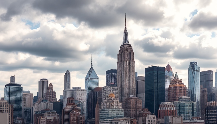 NYC skyscrapers with iconic skyline, cloudy day