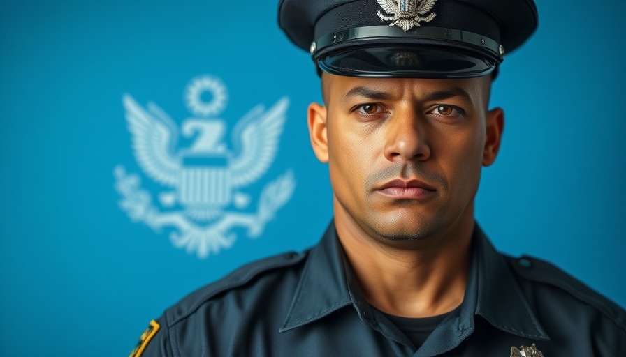 St Lucia police officer with emblem background.