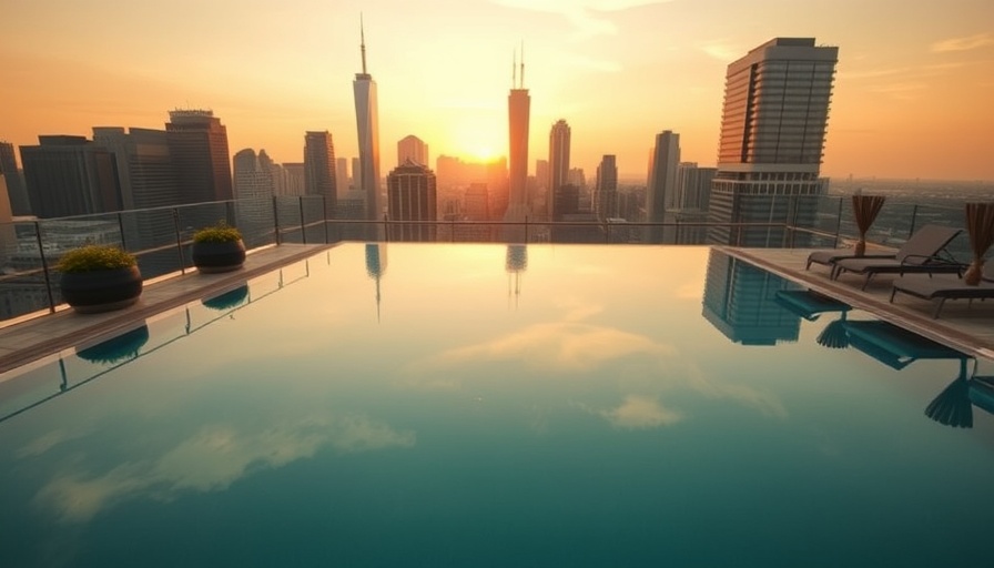 Luxury Financial District apartments rooftop pool view at sunset
