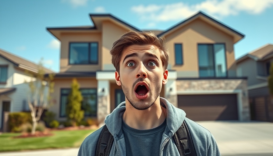Shocked man in front of modern house illustrating housing market shift 2025.