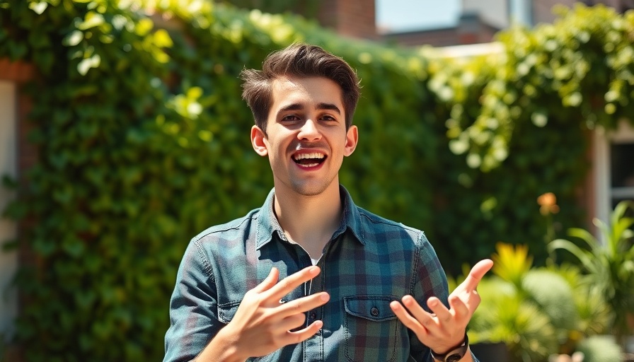 Young man discussing gut instincts in real estate, vibrant garden backdrop.
