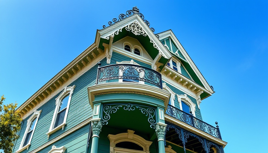 Victorian house with widow's walk and detailed ironwork set against a blue sky.