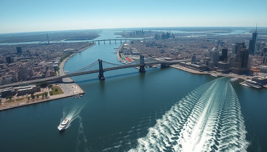Aerial view of NYC harbor with urban sprawl, discussing NYC neighborhoods median prices doubled.