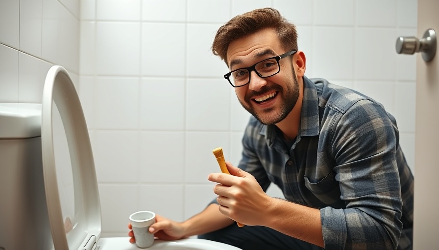 Amused man cleaning toilet highlights lessons learned from real estate investing.