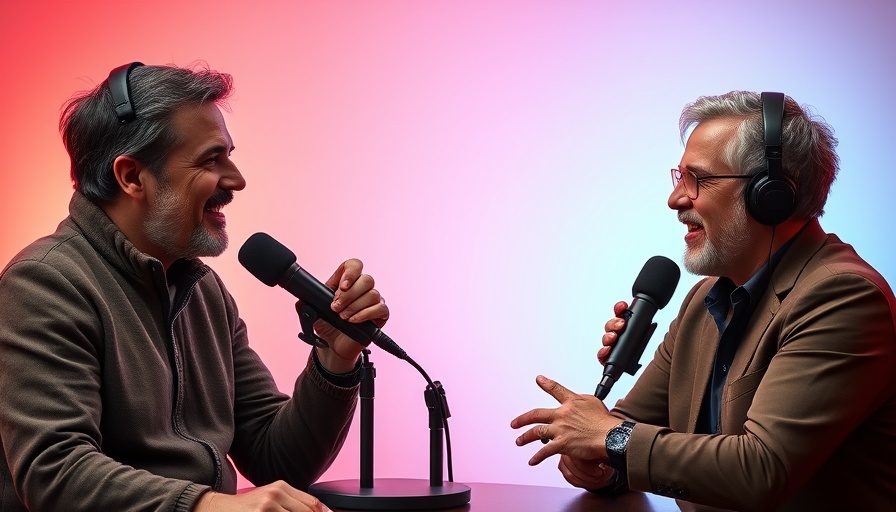 Hosts discussing strategies on podcast with a vibrant background.