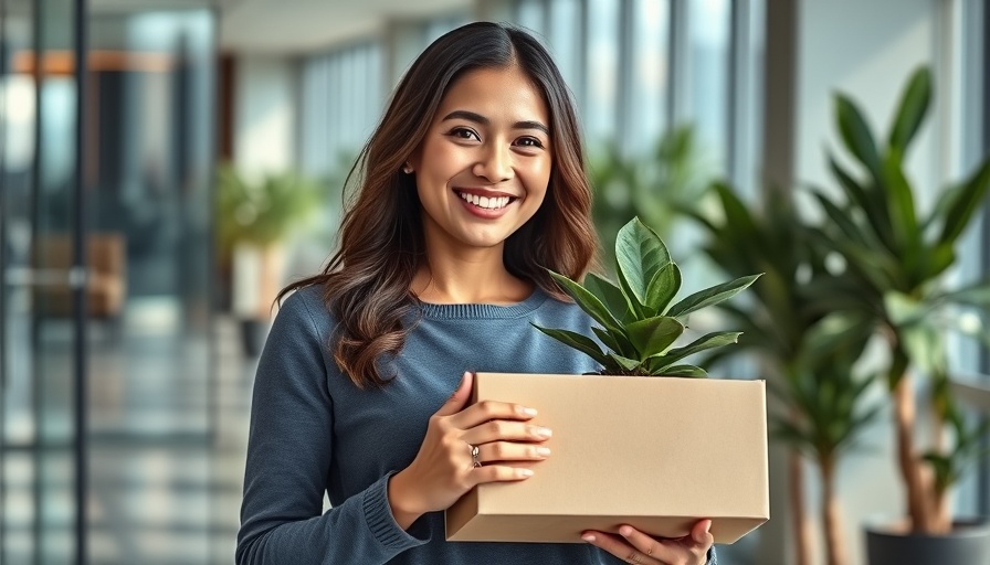 Confident woman with office box signifies real estate investing success.