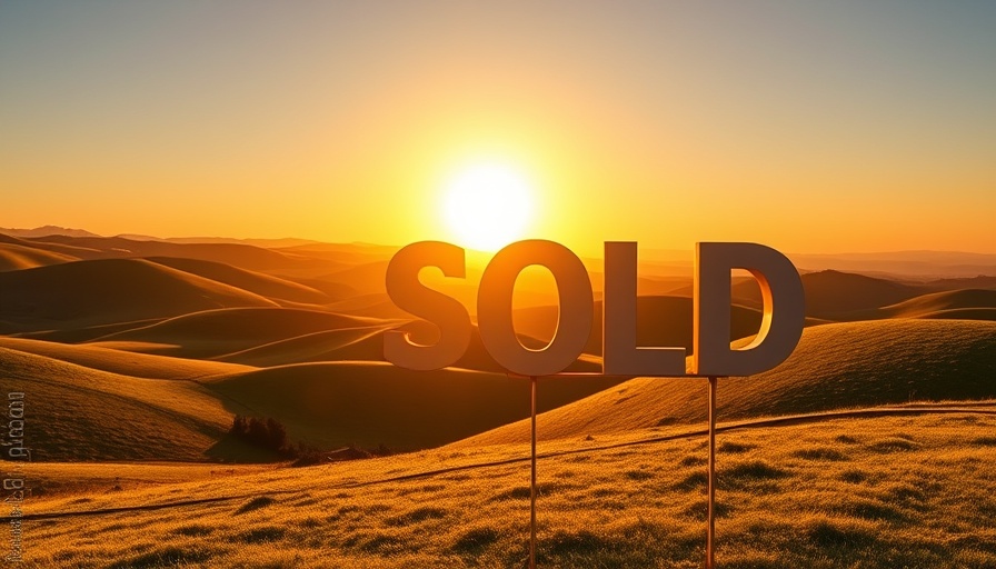 Vibrant sunset over hills with a 'SOLD' sign indicating land investing success.