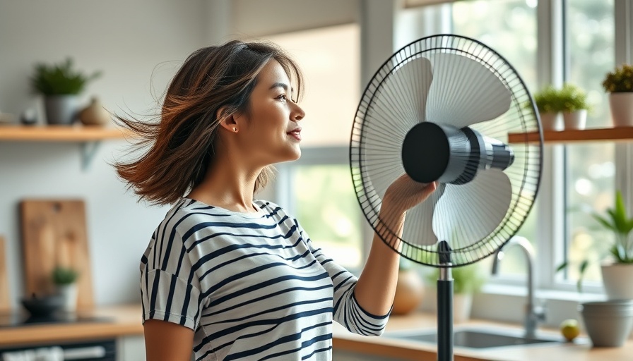 Living in NYC without AC - woman enjoying fan breeze in kitchen.